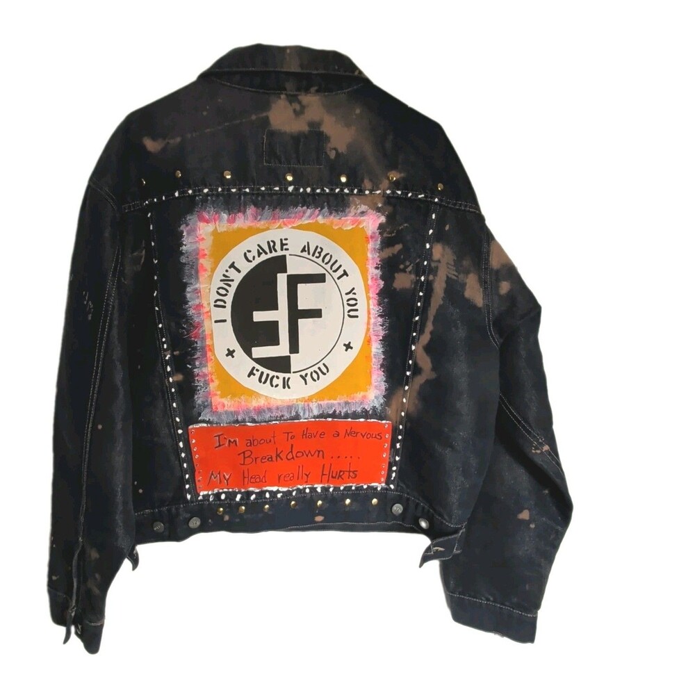 Custom OTB Punk Denim Jacket Sz L Don't Care About You, F**K You, One Of Kind